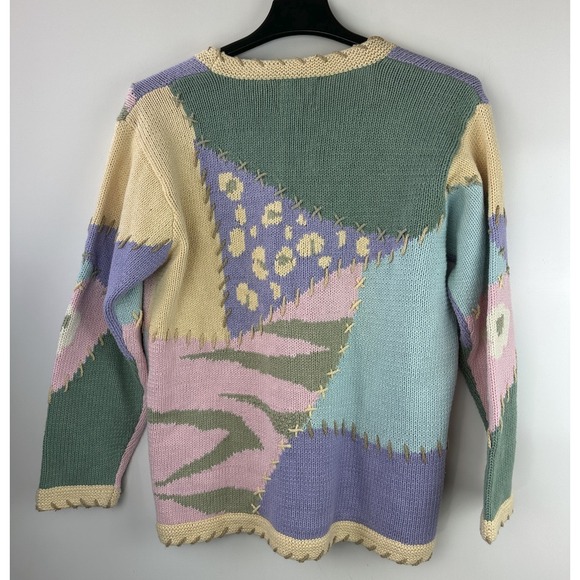 Storybook Knits Patchwork Spring Themed Cardigan Sweater Ramie Cotton Size Large - Picture 6 of 16